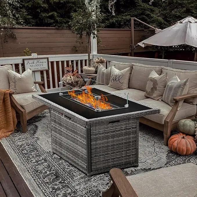 Propane Fire Pit Table,44 Inch 55000 BTU Outdoor Gas Fire Pit Rectangular with Glass Wind Guard for Outside Patio Deck (Gray-Glass Top) by GreenHaven Gardens