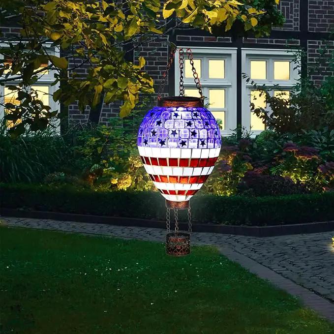 VOREEN American Flag Hot Air Balloon Solar Lantern, Mosaic Solar Outdoor Hanging Wind Light, IP44 Waterproof, Patio Festive Decor, Patriotic Theme, Easter Gifts for Mom Grandma by GreenHaven Gardens