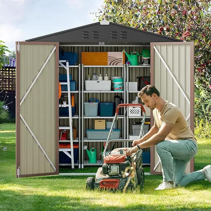 Gizoon Outdoor Storage Shed 6 x 4 FT, Galvanized Metal Garden Shed with Double Lockable Doors, Outdoor Storage Clearance for Backyard Patio Lawn-Light Brown by GreenHaven Gardens