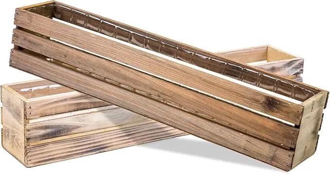 20" Rectangular Rustic Wood Planter with Plastic Liner l Rustic Whitewash l Wine Crate Style, Home and Wedding Decorations, Garden Ornaments (20x4 Wine Crate Set of 2, Whitewash) by GreenHaven Gardens