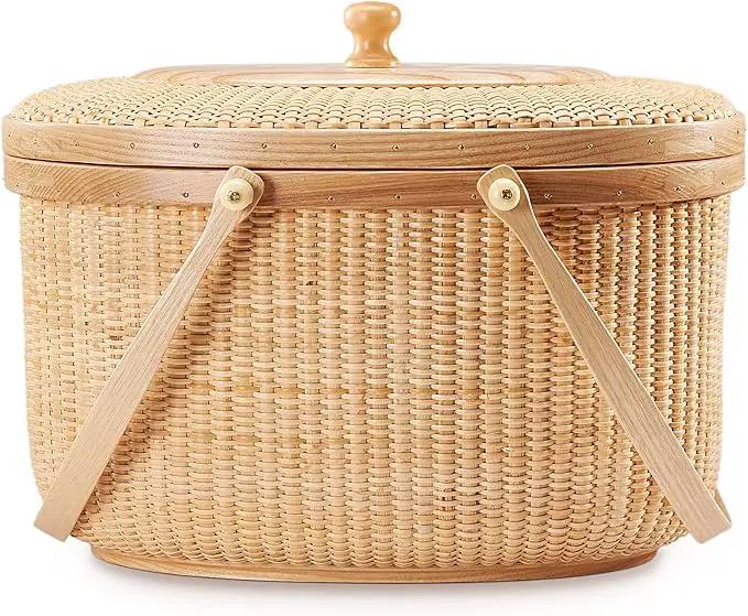 Nantucket style basket Picnic Basket rattan Handmade Products woven Sewing storage basket Two swing handles Tote Bag For Women by GreenHaven Gardens