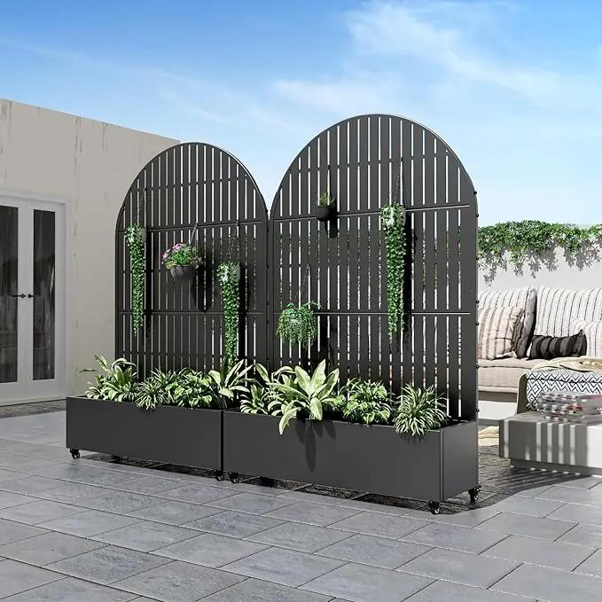Casaphoria Metal Raised Garden Bed with Trellis and Wheels, 72"x47"x16" Arched Planter Box for Climbing Plants, Vegetables & Vines, Features Drainage Holes and Privacy Screen (Black-Fence) by GreenHaven Gardens