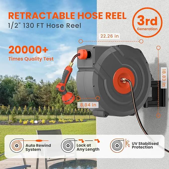 Upgraded Retractable Garden Hose Reels 130 ft X 1/2" PRO Metal Bracket 180° Swivel Any Length Lock Heavy Duty Water Hose Reels Wall Mount 9 Pattern Nozzle Garden Watering by GreenHaven Gardens