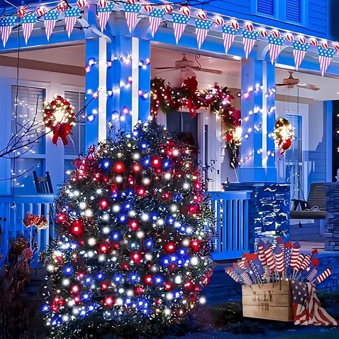EEW 2pk Red White and Blue Solar String Lights Outdoor Waterproof, Solar Powered LED Patriotic Lights 200 LED, Solar Tree Lights for Independence Day Decor 4th of July Memorial Day Decorations by GreenHaven Gardens