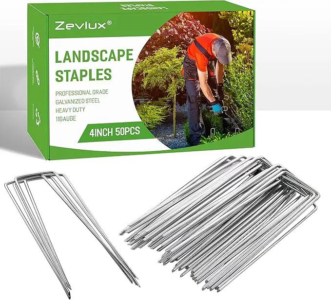 Landscape Staples 4 Inch 50Pcs 12 Gauge Garden Stakes, Heavy Duty Galvanized Garden Staple for Fences, Lawns, Weed Barriers, and Landscape Fabrics, Netting, Irrigation Hose, Floor Mats by GreenHaven Gardens