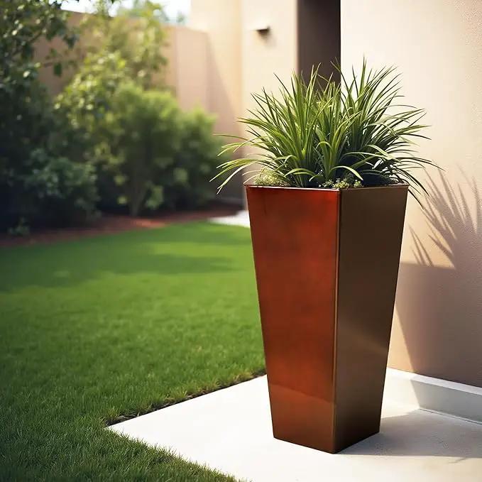WORTH Garden 28" Large Metal Glazed Planter Set of 2, Luxurious Glossy Finish Red Tall Square Tapered Steel Plant Pots, Decor Flower Pot Indoor & Outdoor, Drainage Hole & Dual-Purpose Plant Saucer by GreenHaven Gardens