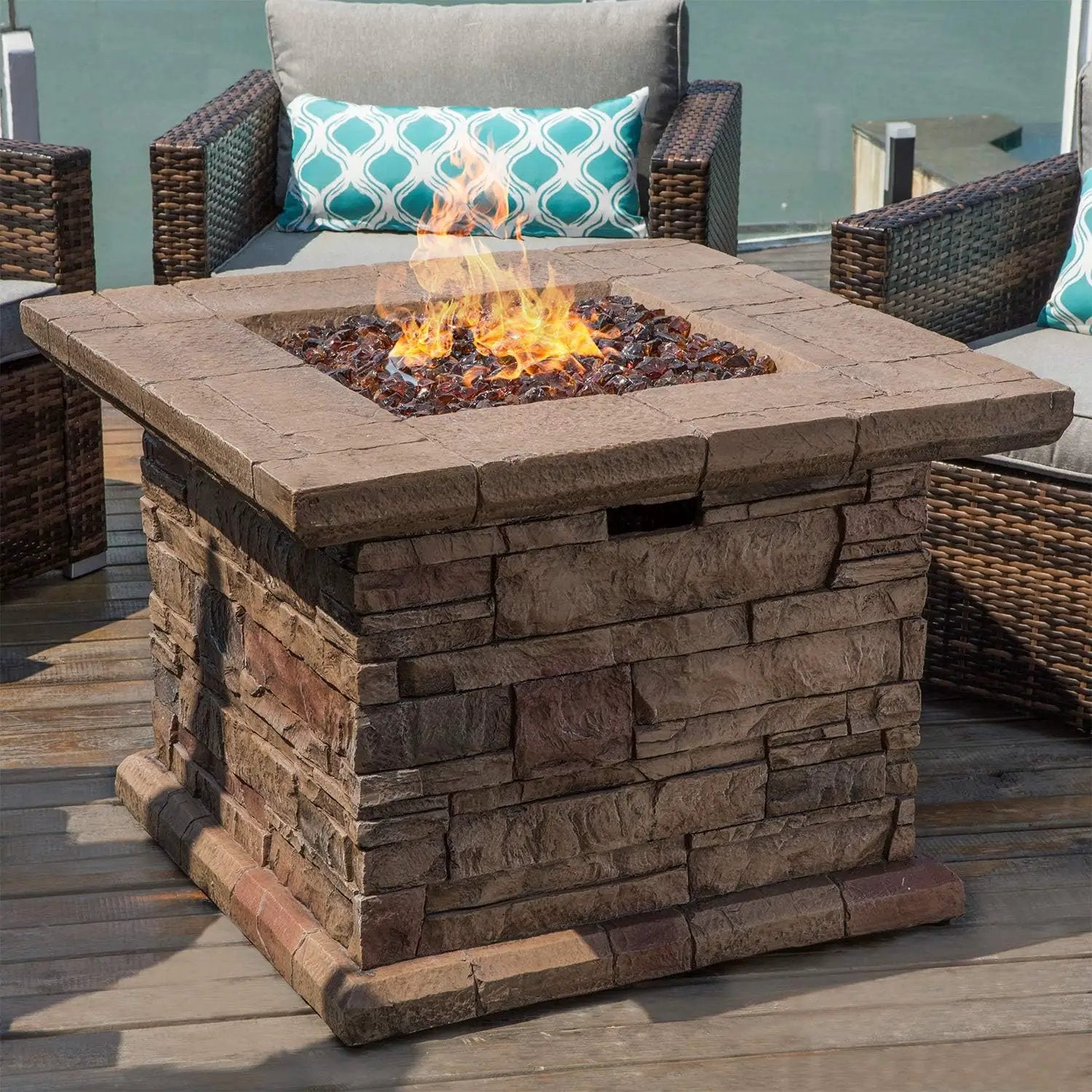 COSIEST Outdoor Propane Fire Pit Table w Faux Brown Ledgestone 32-inch Square Fire Table, CSA Certified, 50,000 BTU Stainless Steel Burner, Free Lava Rocks, Fits 20lb Tank Inside by GreenHaven Gardens