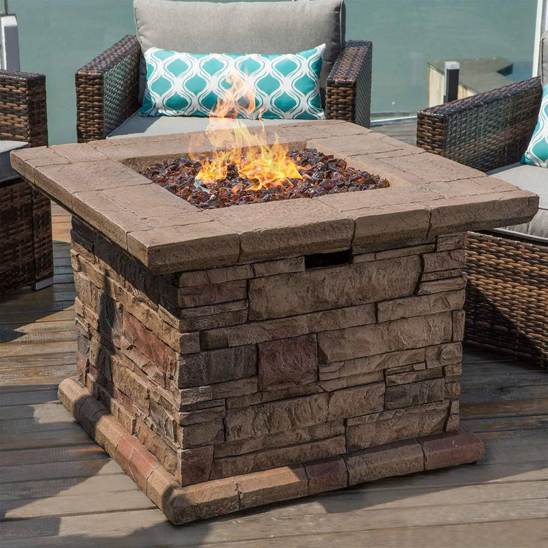 COSIEST Outdoor Propane Fire Pit Table w Faux Brown Ledgestone 32-inch Square Fire Table, CSA Certified, 50,000 BTU Stainless Steel Burner, Free Lava Rocks, Fits 20lb Tank Inside by GreenHaven Gardens
