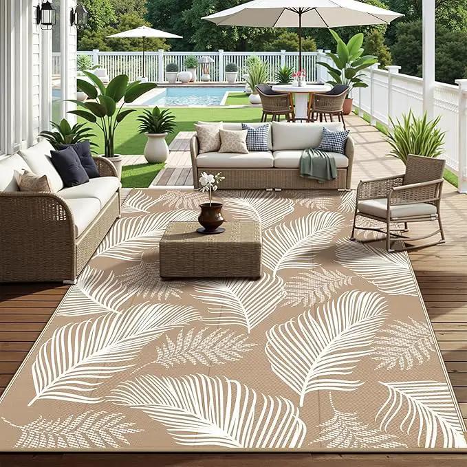Pauwer Waterproof Outdoor Rug 9x12, Reversible Plastic Straw Patio Camping Rug, Indoor Outdoor RV Mat Carpet for Deck, Camper, Porch, Balcony, Backyard, Picnic, Leaf Brown by GreenHaven Gardens