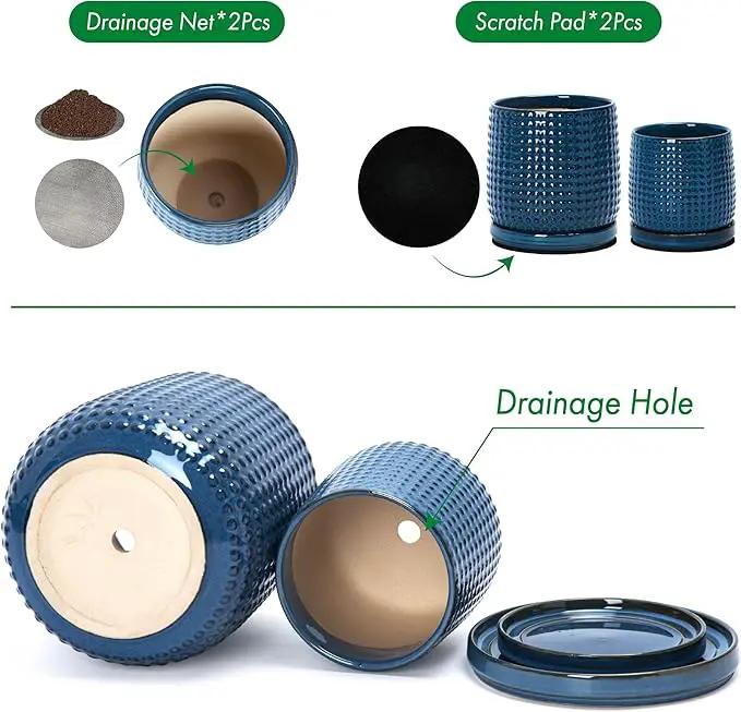 D'vine Dev 6 Inch 4 Inch Ceramic Indoor Planter Pots with Drainage Hole and Saucer, Beaded Design Flower Pots, Set of 2, Blue, 27-D-U-3 by GreenHaven Gardens