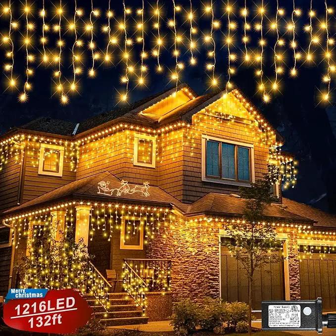 Icicle Christmas Lights, 98FT 1216 LED Icicle Lights for Outside with 228 Drops, 8 Modes Waterproof Twinkle String Lights for House Bedroom Wedding Holiday Decorations, Warm White by GreenHaven Gardens