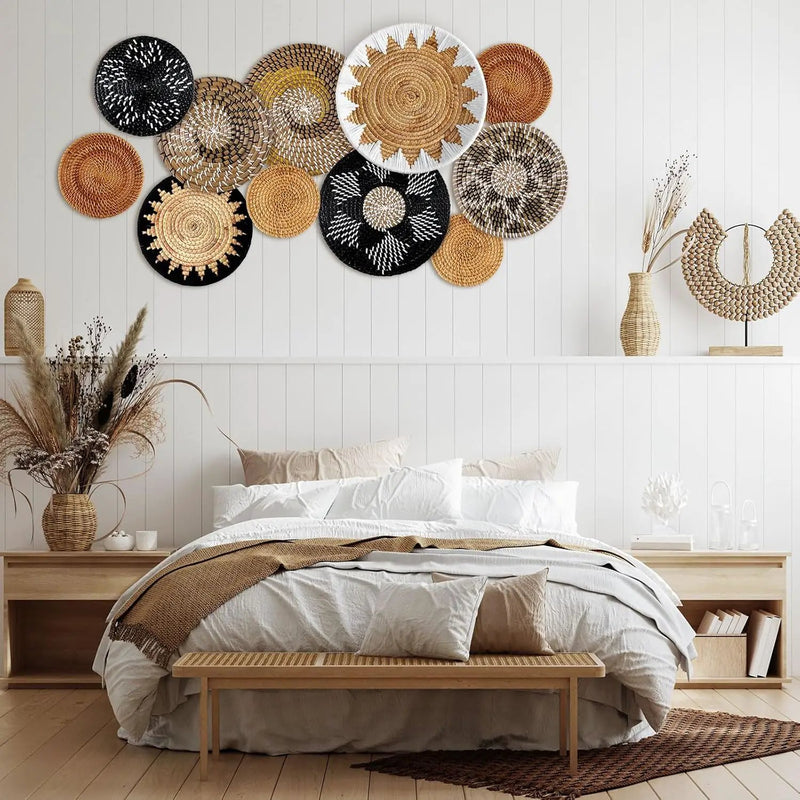 Xuhal 11 Pcs Boho Hanging Wall Basket Decor Handmade Woven Basket Wall Decorative Boho Wicker Baskets Placemats Round Farmhouse Bulrush Art for Rustic Home Decorations Christmas Gift(Stylish) by GreenHaven Gardens