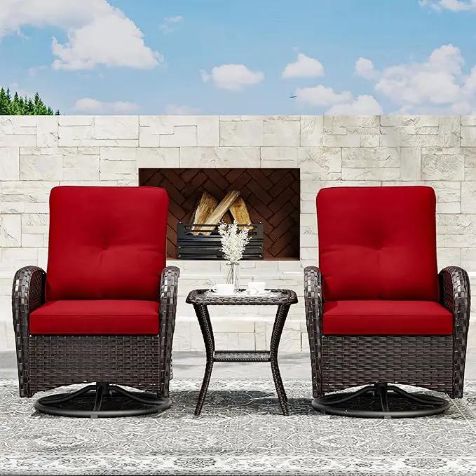 Joyside Outdoor Swivel Rocker Chairs, 3 Piece Wicker Patio Set with Thick Cushion and Side Table, Rattan Patio Swivel Rocking Chairs for Porch, Deck Use (Brown/Red, 3 PCS) by GreenHaven Gardens