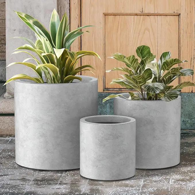Kante 9.8",12.6",15.7" Dia Round Concrete Planter Set of 3, Modern Style Large Cylindrical Plant Pot with Drainage Hole and Rubber Plug for Indoor Outdoor Patio, Natural Concrete by GreenHaven Gardens