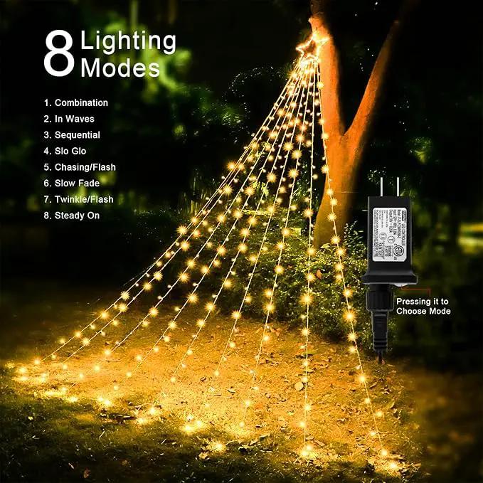 Christmas Star String Lights, 320 LED Waterfall Tree Lights with 13" Topper Star 8 Lighting Modes Indoor Outdoor Halloween Decorations for Holiday, Wedding, Party (Warn White) by GreenHaven Gardens