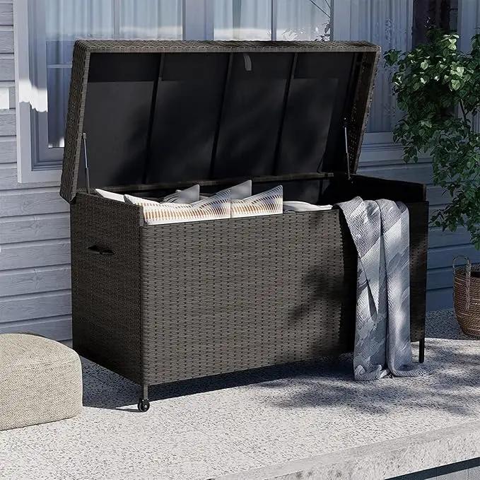 Grand patio 170 Gallon Deck Storage Box Deck Box Outdoor Storage Box Indoor Wicker Storage Bin Patio Storage Box for Patio Furniture Cushions Garden Tools Pool Accessories, Black by GreenHaven Gardens