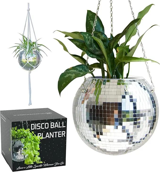 SCANDINORDICA Disco Ball Planter – Value Package: Mirror Disco Planter with Chain, Macrame Hanger and Acrylic Stand for Desk, Includes Self Watering Insert, Eclectic Home Decor | 10 inch Silver by GreenHaven Gardens