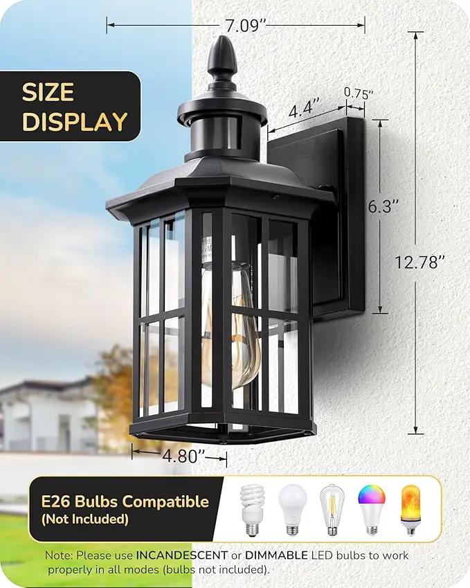 EDISHINE Motion Sensor Outdoor Wall Light, Dusk to Dawn Front Porch Light Fixture, Outdoor Wall Sconce with Clear Glass, Black Exterior Wall Lantern for Door, Garage, Patio, House by GreenHaven Gardens