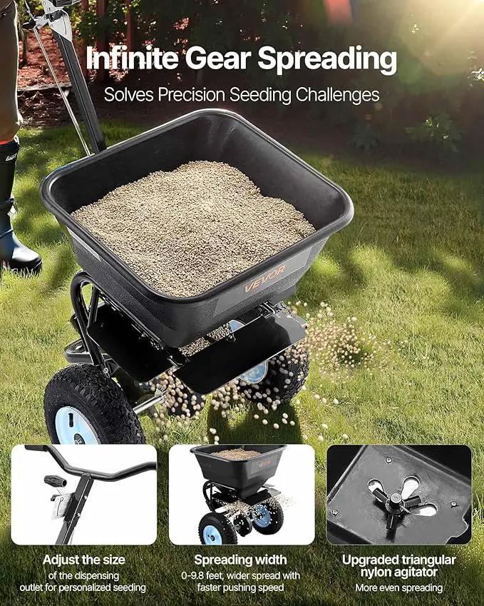 VEVOR Broadcast Spreader, 100LBS4Capacity, Walk-Behind Push Spreader, 0-9.8ft Spreading Width, 13 in All Terrain Pneumatic Tires, Lawn Spreaders with Hopper Grate, for Seed, Fertilizer, Salt, Ice Melt by GreenHaven Gardens