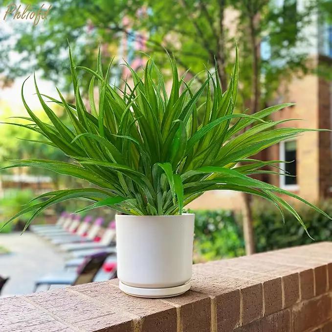 16Pcs Artificial Grass Fake Plants 17.3in 16 Leaves Outdoor Fake Grass UV Resistant Greenery Plastic Plants for Home Window Garden Patio Hanging Planter Pathway Front Porch Décor Green by GreenHaven Gardens