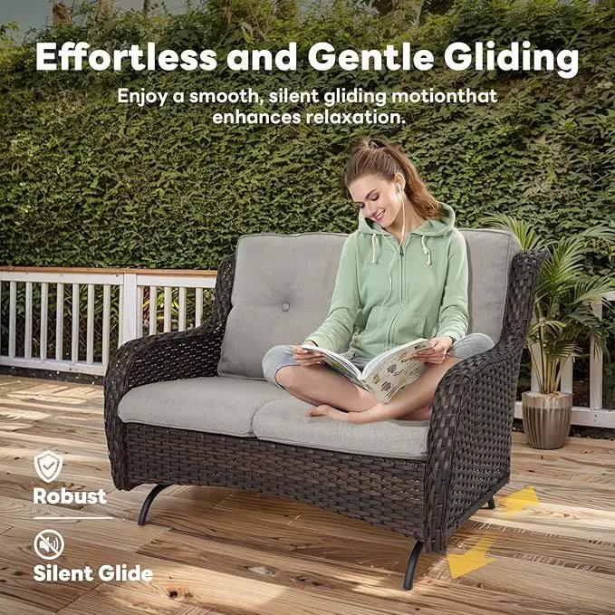 4 Piece Patio Furniture Set - Outdoor Glider Bench with Swivel Rocker Chairs and Coffee Table, High Back Small Outdoor Conversation Furniture Sets for Deck Sunroom Balcony Backyard by GreenHaven Gardens