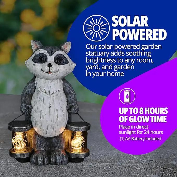 Exhart Garden Sculpture, Raccoon Solar Garden Statue with 2 Jars, 16 LED Firefly Lights, Outdoor Garden Decoration, 7.5 x 9 x 10.5 Inch by GreenHaven Gardens