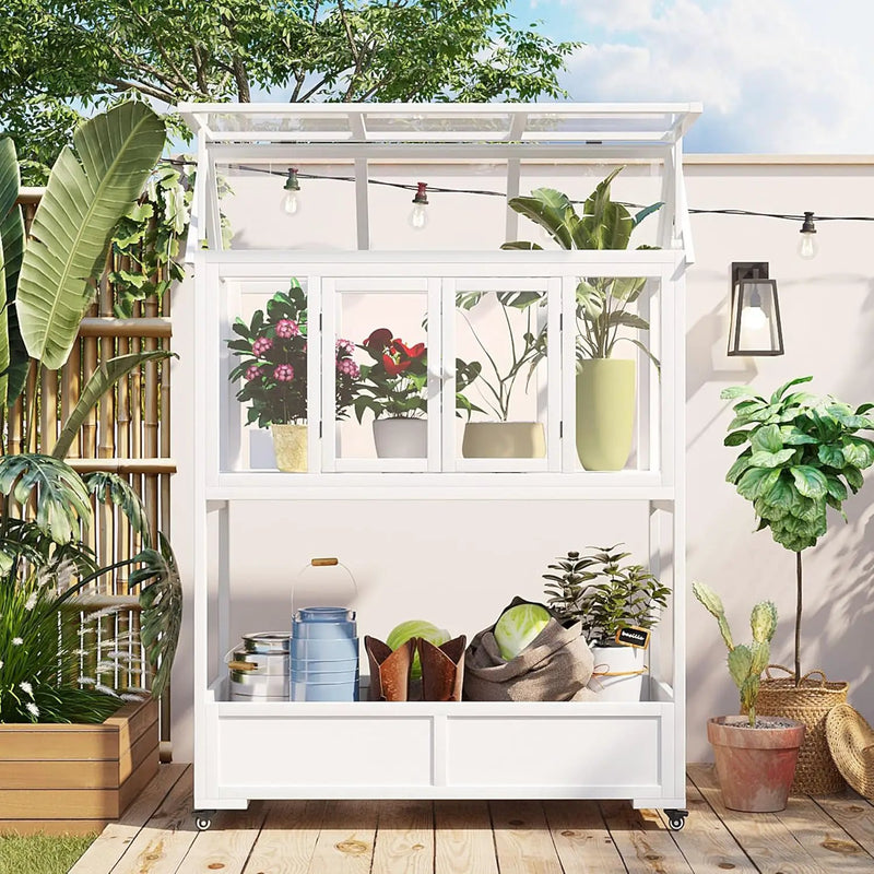 Garden Wood Portable Cold Frame - Mini Greenhouse with Wheels, Open Roof & Storage (White + Beige + Beige) by GreenHaven Gardens
