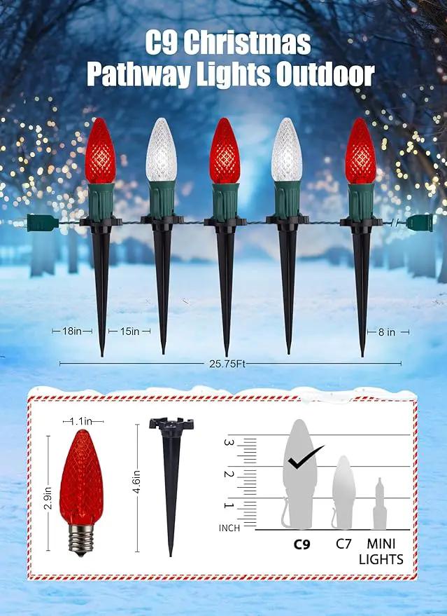 C9 LED Christmas Lights Outdoor with Stakes, 25.7 Feet 20 LED C9 Strawberry String Lights, Connectable Shatterproof Pathway Lights Marker for Path, Lane, Patio, Xmas Holiday Decorations, Red and White by GreenHaven Gardens