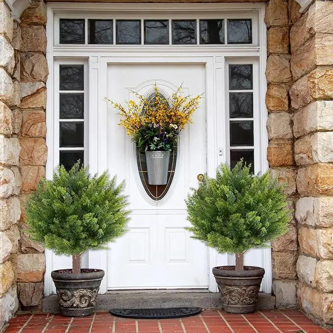Artificial Cedar Shrub Ball Trees Two 15.8inch with Ground Spikes, can be Planted in The Ground and in pots, Outdoor Artificial Plants Resistant to UV Rays by GreenHaven Gardens