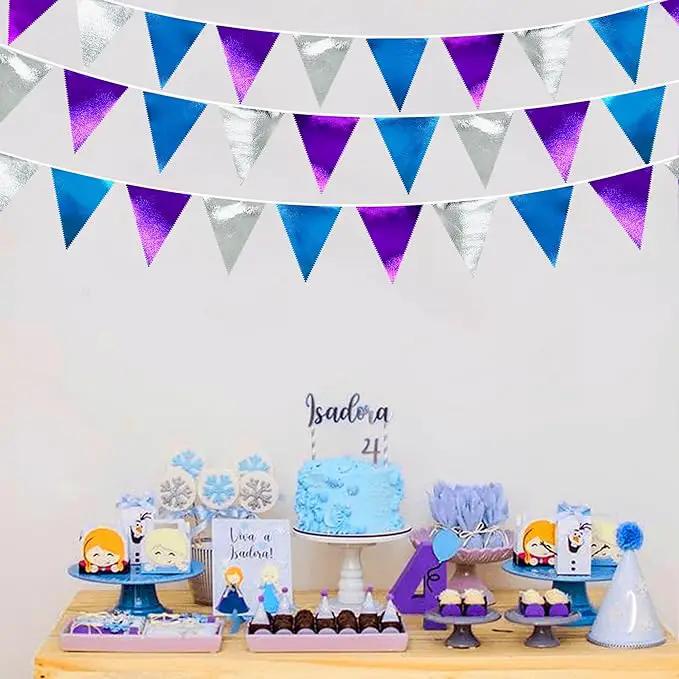 Frozen Party Decoration Purple Blue Silver Metallic Fabric Triangle Pennant Banner Flag Bunting Garland for Frozen Winter Wonderland Christmas Birthday Wedding Baby Shower Bridal Shower Party Supplies by GreenHaven Gardens