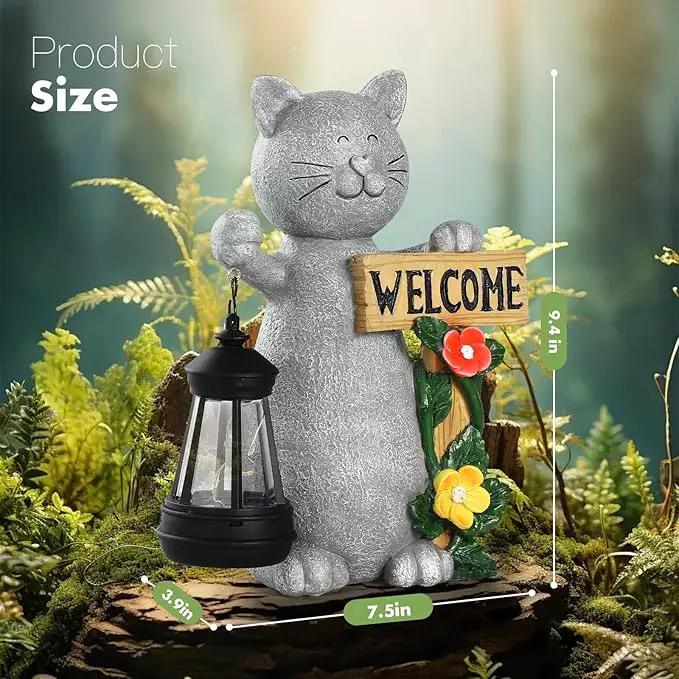 Json Garden Statue Solar Cat Figurine with Lantern, 10" Resin Kitten Outdoor Lawn Porch Yard Art, Lighted Christmas Birthday Gifts for Mom Grandma by GreenHaven Gardens