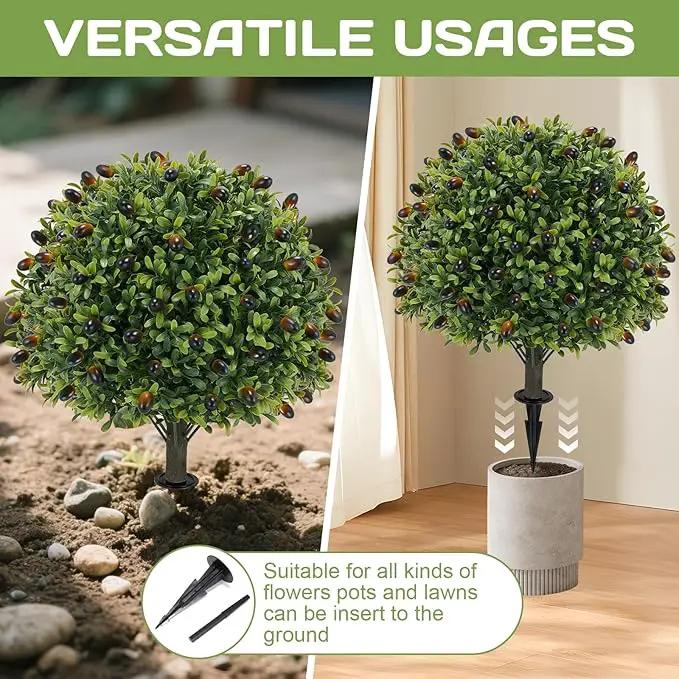 Artificial olive Topiary Ball Tree 24" with Ground Spike, Set of 2 Artificial Boxwood Bushes for Faux Shrubs, Fake Evergreen Faux Plant for Indoor Outdoor Porch Garden -UV Resistant–Fade-Proof by GreenHaven Gardens