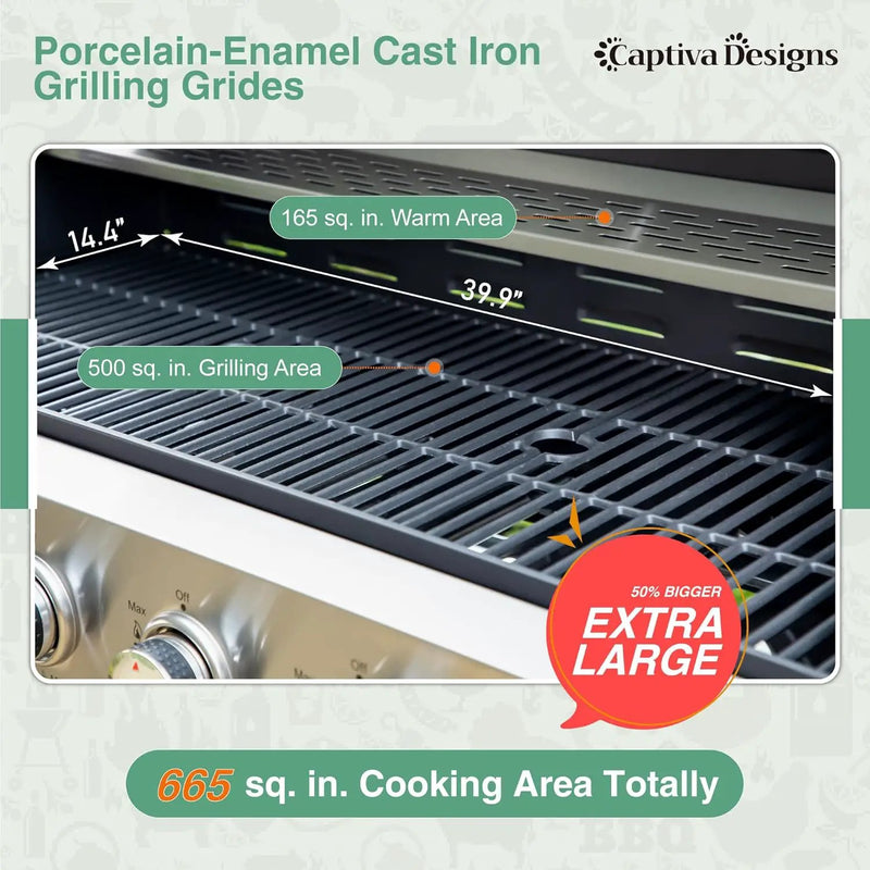 Captiva Designs 6-Burner Propane Gas BBQ Grill with Side Burner & Porcelain-Enameled Cast Iron Grate for Outdoor Kitchen & Backyard Barbecue, 65,800 BTU Output,665 SQ.IN. Cooking Area,Stainless Steel by GreenHaven Gardens