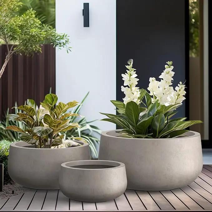 Kante 19.6",15.7",11.8" Dia Round Concrete Planters Set of 3, Outdoor Indoor Large Plant Pots with Drainage Hole, Modern Curvaceous Design, Weathered Concrete by GreenHaven Gardens