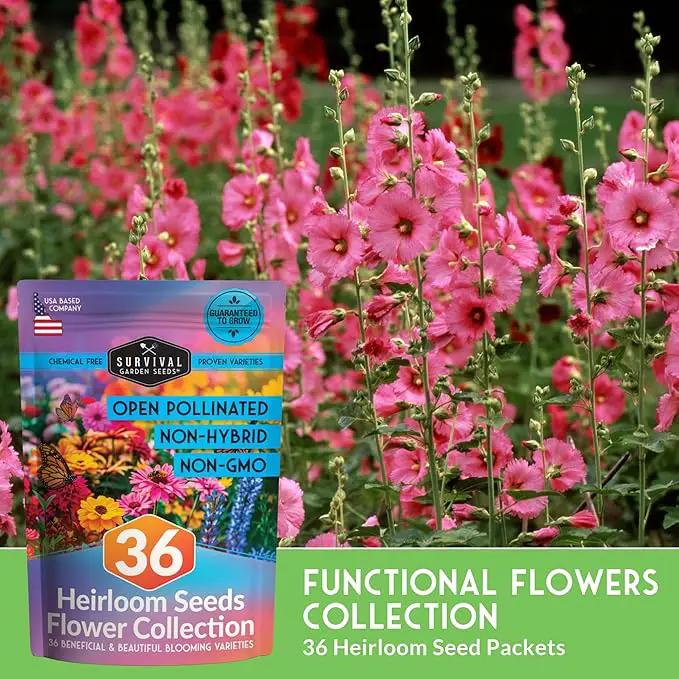 Survival Garden Seeds Functional Flower Garden Kit | 36 Pack Seed Starter Collection | Bee, Butterfly, Hummingbird, Pollinator-Friendly Blooms | Non-GMO Heirloom Beneficial Flowers & Wildflowers by GreenHaven Gardens