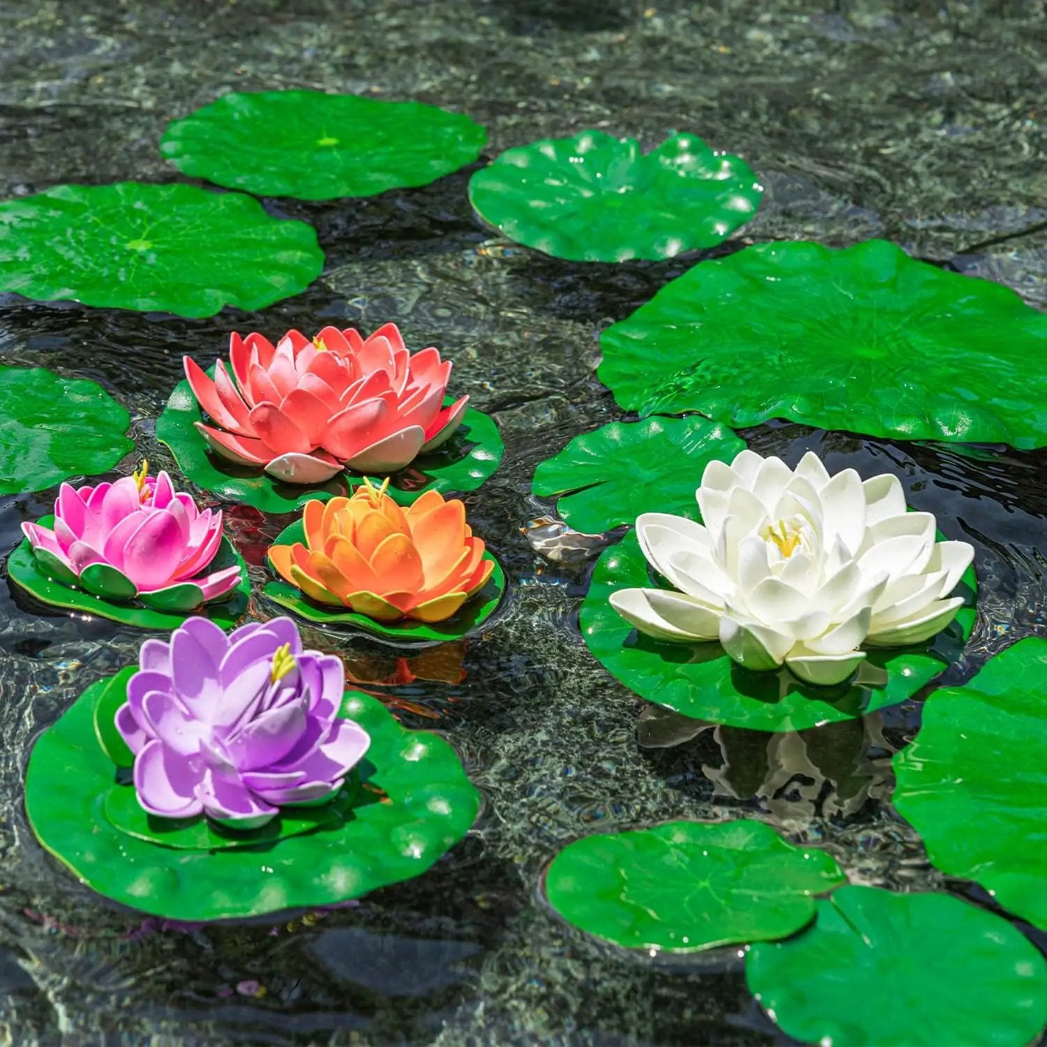 28 Pcs Realistic Lily Pads Leaves for Ponds, 4 Kinds Artificial Floating Foam Lotus Leaves, Water Lily Pads Foliage Pond Decor for Pond Pool Koi Fish Patio Aquarium by GreenHaven Gardens