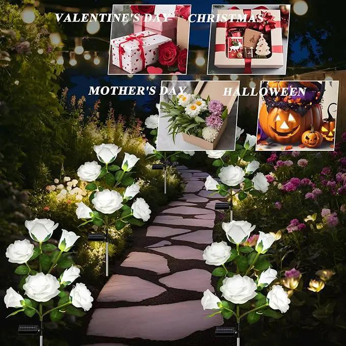 DWH 1 Pack Solar Garden Lights Outdoor, 7-Flower Rose Solar Lights for Yard, LED Solar Powered Stake Lights for Patio Pathway Lawn Fence Cemetery, White by GreenHaven Gardens