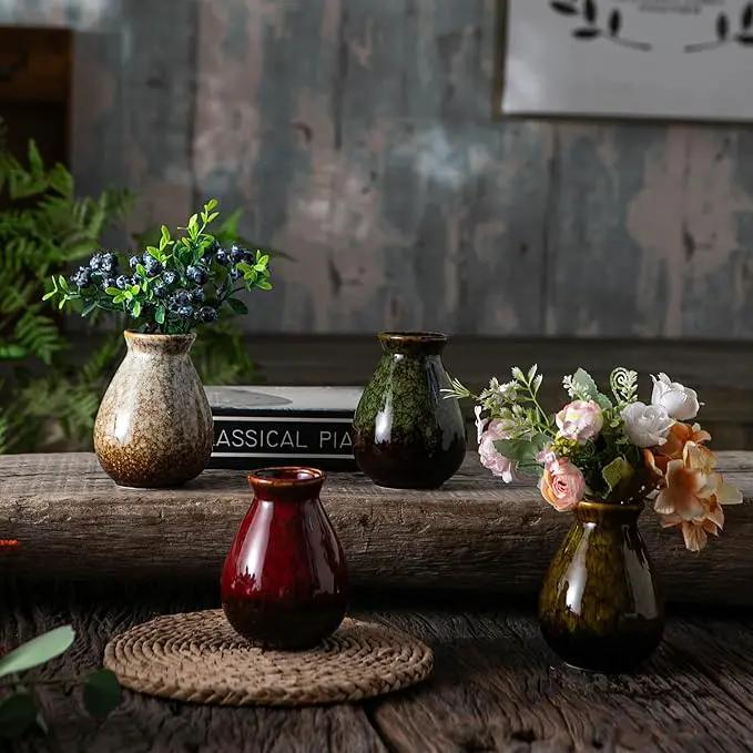 JOJUNO Glazed Rustic Bud Vase Set of 4 - Small Ceramic Mini Pottery Vases in White, Yellow, Green, Red - Ideal for Fresh & Dried Flowers - Modern Farmhouse Décor for Living Room, Shelves, Dining Table by GreenHaven Gardens