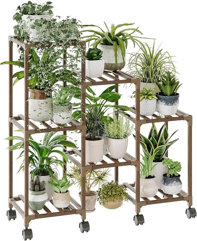 Bamworld Plant Stand with Wheels for Indoor Plants Wood Outdoor Tiered Shelf 3 Tire 7 Potted Ladder Plant Holder Table Pot Stand for Window Garden Balcony Patio Living Room (natureDL) by GreenHaven Gardens