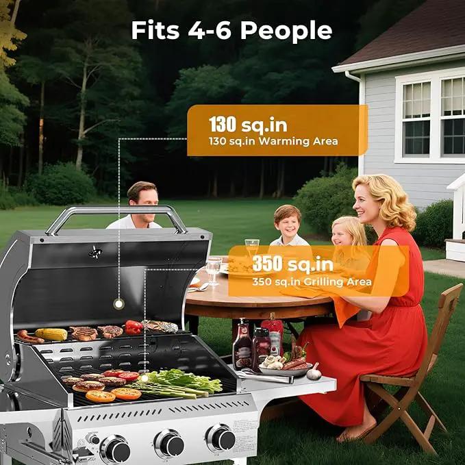 R.W.FLAME Stainless Steel Propane Gas Grill, 3 Burner 24000BTU BBQ Grills, Foldable Side Table, Enamel Wire Grate, Removable Grease Tray, Barbecue Grill for Outdoor Cooking, Backyard, Patio, Deck by GreenHaven Gardens