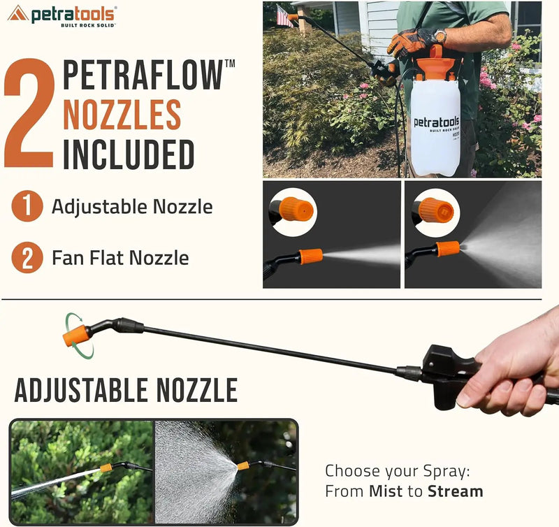 Petratools 2 Gallon Pump Sprayer - HD201 Garden Sprayer for Weeds, Lawn Care & Pesticides - 52" Long Hose, 2 Nozzles & Easy Carry Handle - Durable & Lightweight by GreenHaven Gardens
