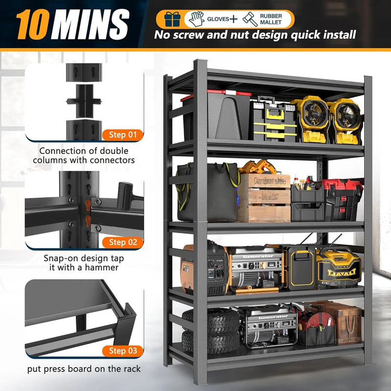 Heavy Duty Commercial Metal Garage Shelving Rack,Adjustable Industrial Steel Storage Shelves for Warehouse, Garage, Basement, 87" H x 47.2" W x 23.6" D, Black by GreenHaven Gardens