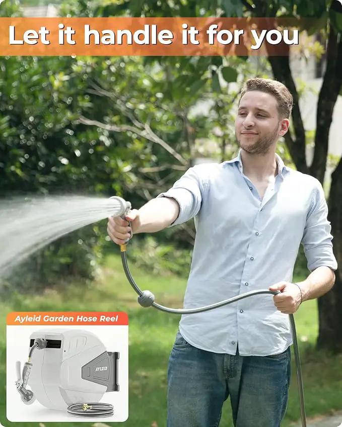 Ayleid Retractable Garden Hose Reel,1/2 in x 130 ft Wall Mounted Hose Reel, with 9- Function Sprayer Nozzle, Any Length Lock/Slow Return System/Wall Mounted/180°Swivel Bracket (Grey) by GreenHaven Gardens