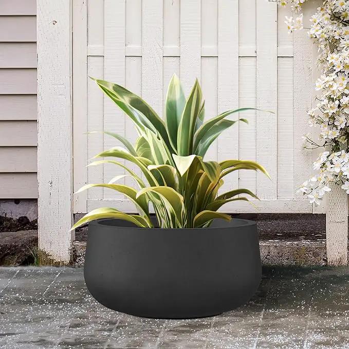 Kante 11.8" Dia Round Concrete Planter, Cement Plant Pots with Drainage Hole and Rubber Plug for Outdoor Indoor Garden Home, Modern Curvaceous Design, Black by GreenHaven Gardens