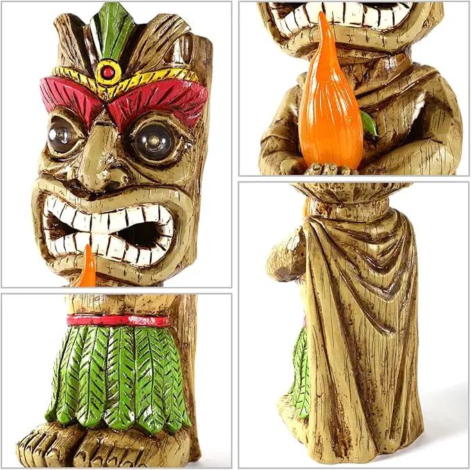 13" Tall Solar Torch Tiki Garden Statue, Resin Large Tiki Decor Figurine with Solar Lights, Hawaiian Tiki Man, Outdoor Patio Yard Lawn Bar Party Beach Pool Pond Decoration, Valentine's Day Gift