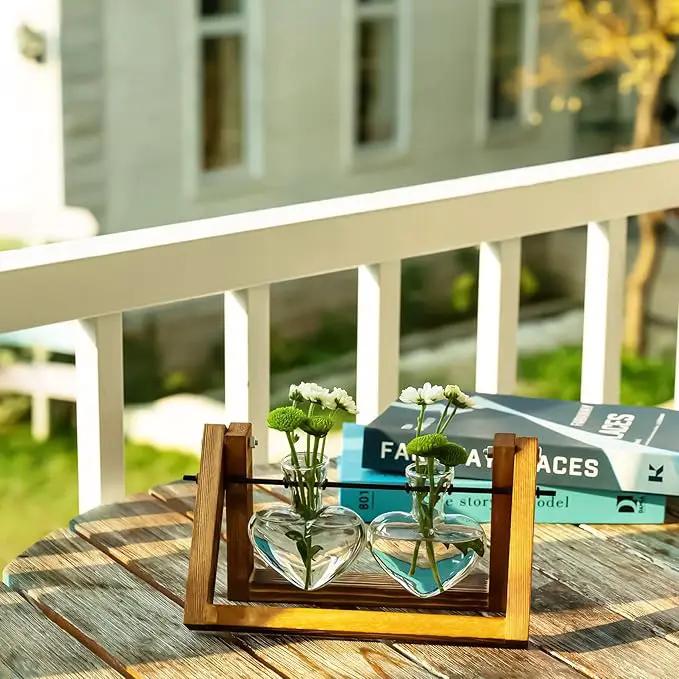 Kingbuy Glass Desktop Planter with Retro Wooden Stand and Plant Terrarium Vase (2 Hearts) for Indoor Home Office Desk Decor Accessories by GreenHaven Gardens