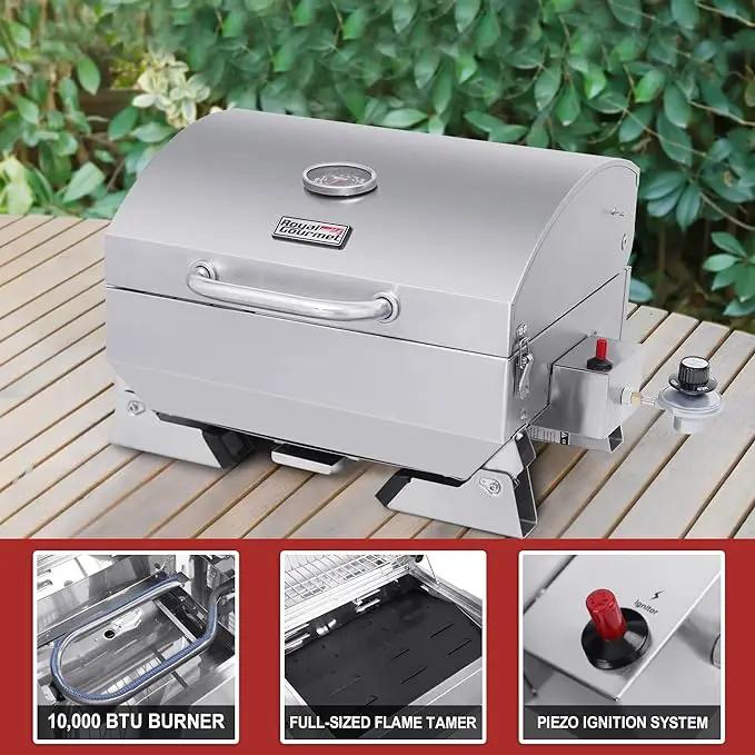 Royal Gourmet GT1001 Stainless Steel Portable Grill, 10000 BTU BBQ Tabletop Gas Grill with Folding Legs and Lockable Lid, Outdoor Camping, Deck and Tailgating, Silver by GreenHaven Gardens