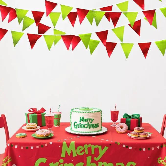 Red and Green Metallic Fabric Triangle Pennant Banner Flag Bunting Garland for Merry Grinchmas Birthday Baby Shower Bachelorette Xmas Holiday Christmas Holiday New Year Party Decorations Supplies by GreenHaven Gardens