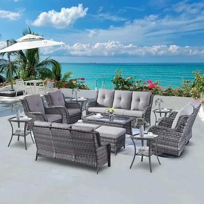 Wicker Patio Furniture Sets - 13 Piece Outdoor Rattan Furniture Conversation Sets with 4 Swivel Rocker Chairs, 2 Rattan Sofas, Wicker Ottomans and Coffee Table, Mixed Grey/Grey by GreenHaven Gardens