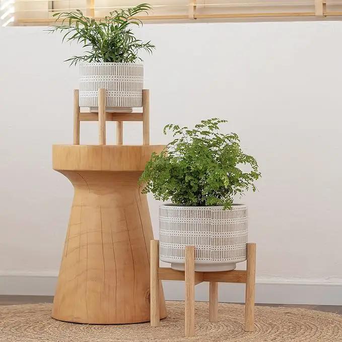 LA JOLIE MUSE Ceramic Plant Pot with Wood Stand - 7.3 Inch Modern Round Decorative Flower Pot Indoor with Wood Planter Holder, Beige and White by GreenHaven Gardens